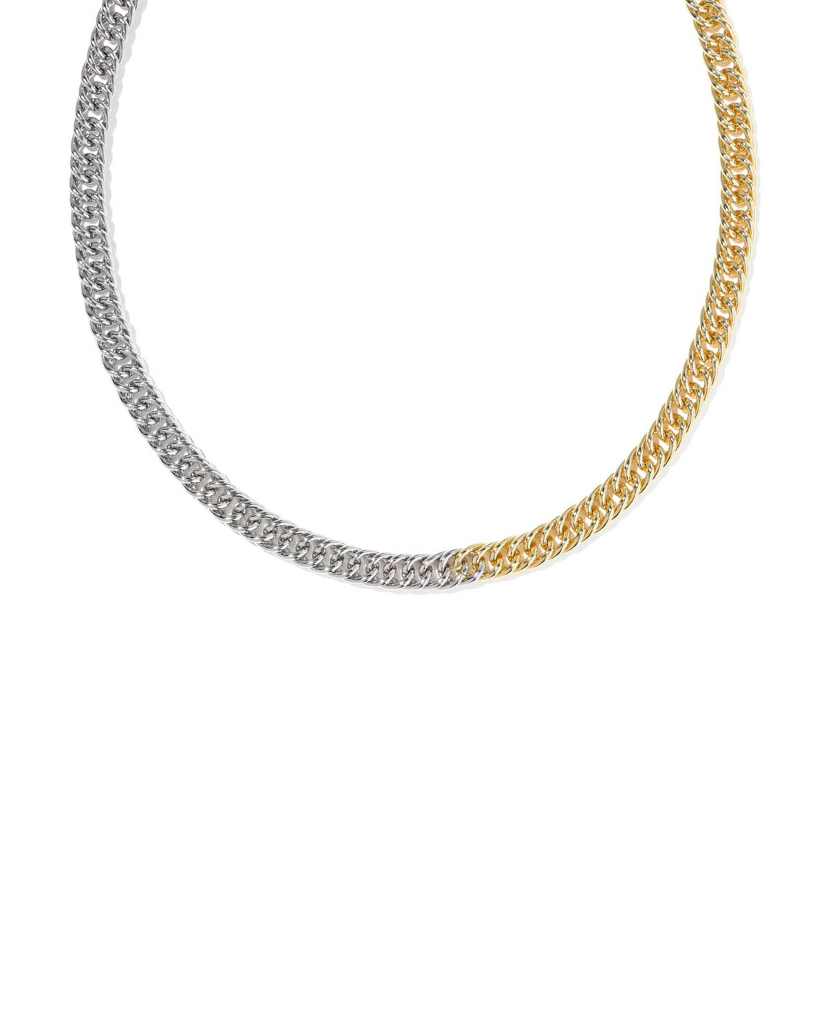 Colette mixed metal chain necklace with half 14k yellow gold and half rhodium over brass links.