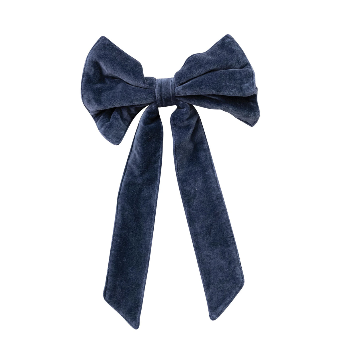 Large navy blue cotton velvet clip-on bow with long ribbon tails.