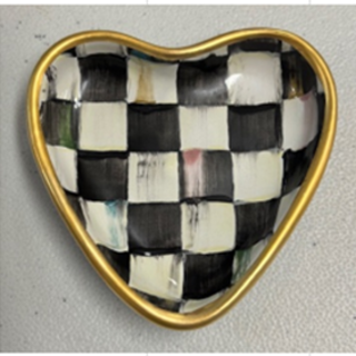 Small heart-shaped trinket dish in Courtly Check blue and white checkered pattern.