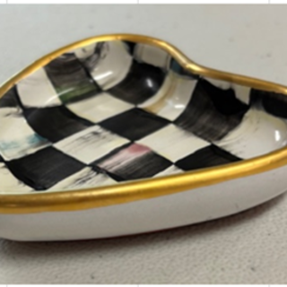 Small heart-shaped trinket dish in Courtly Check fabric with a blue and white checkered pattern.