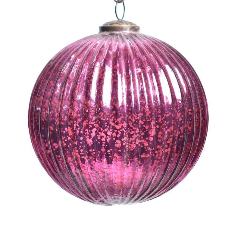 6-inch cranberry fluted glass ball ornament with a speckled mercury glass finish.