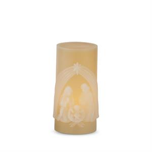 Cream-colored LED pillar candle featuring a carved nativity scene with Mary, Joseph, and baby Jesus.