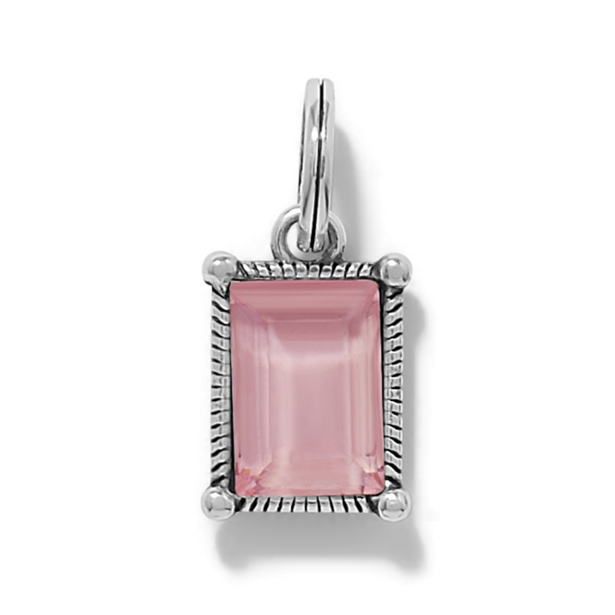 Silver-plated Cristela Amulet featuring a rectangular light rose crystal in a textured frame.