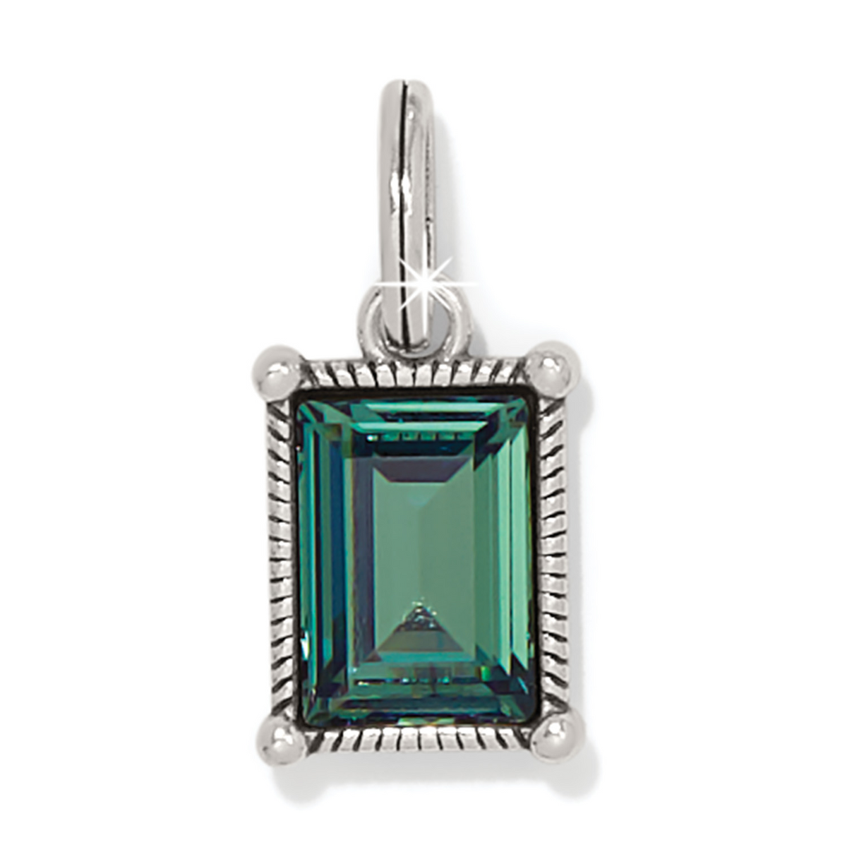 Cristela Color Amulet featuring a rectangular erinite green crystal in a silver-plated frame.