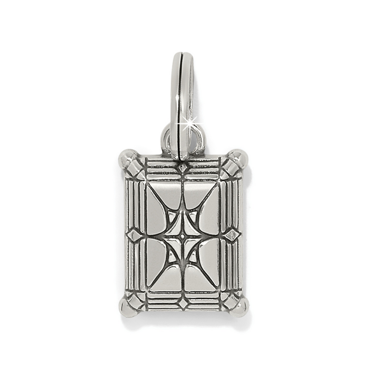 Silver-plated rectangular Cristela Color Amulet with intricate geometric patterns.