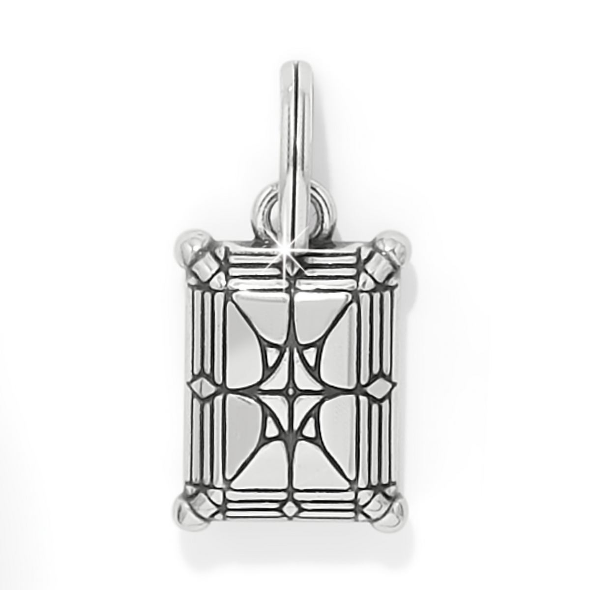 Silver-plated Cristela Color Amulet with a rectangular Golden Shadow crystal and geometric frame.