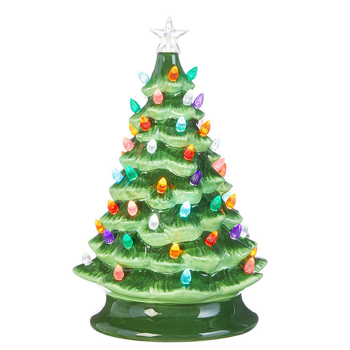 Vintage lighted tree with porcelain finish, white color, black timer switch on base.