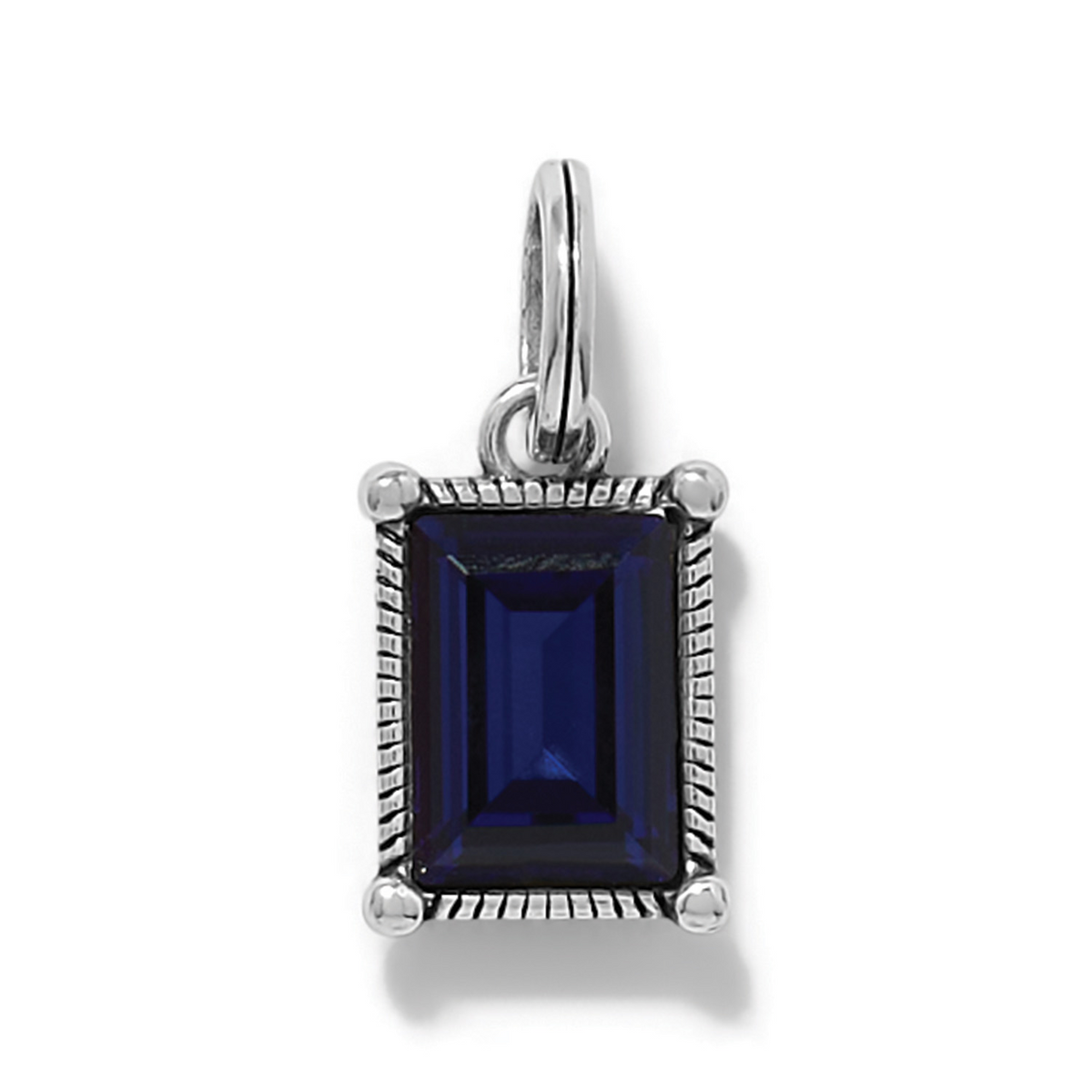 Dark Sapphire Cristela Amulet with emerald-cut blue crystal in a silver-plated textured frame.
