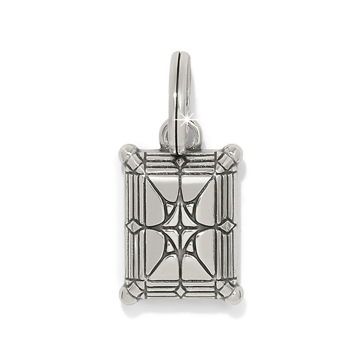 Silver-plated rectangular Cristela Amulet with intricate geometric patterns and a top bail.