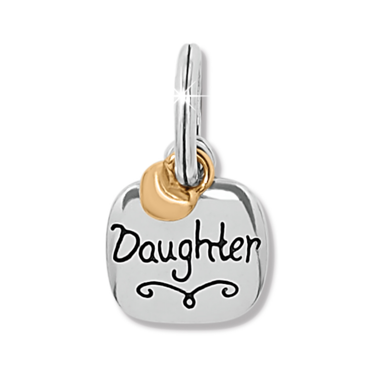Silver and gold two-tone square charm engraved with Daughter and a decorative swirl.