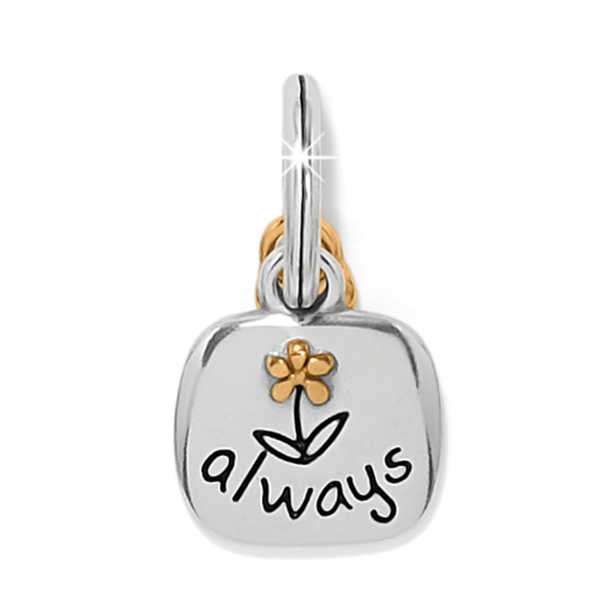 Two-tone silver and gold square charm with a flower and the word 'always' engraved.