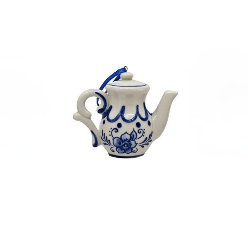 Delft Blue teapot ornament with white ceramic body, blue floral patterns, and a blue hanging ribbon.