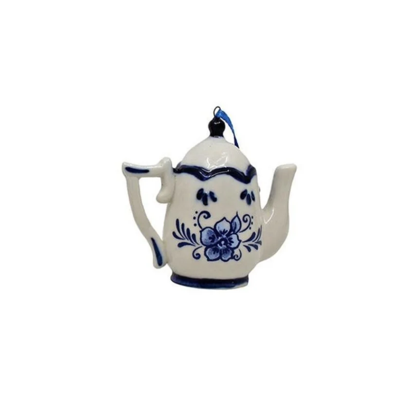 Delft Blue teapot ornament with a white ceramic body, blue floral design, and a blue hanging ribbon.