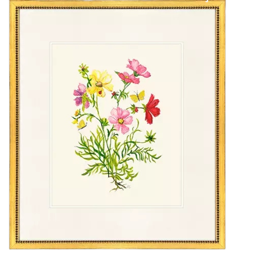 Delicate Medley II print wall art featuring pink, red, yellow, and cosmos flowers on a white background.