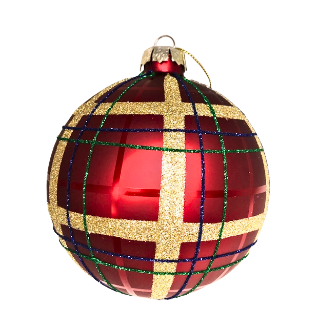 15-inch red glass ball ornament with a gold, green, and blue glitter plaid pattern.