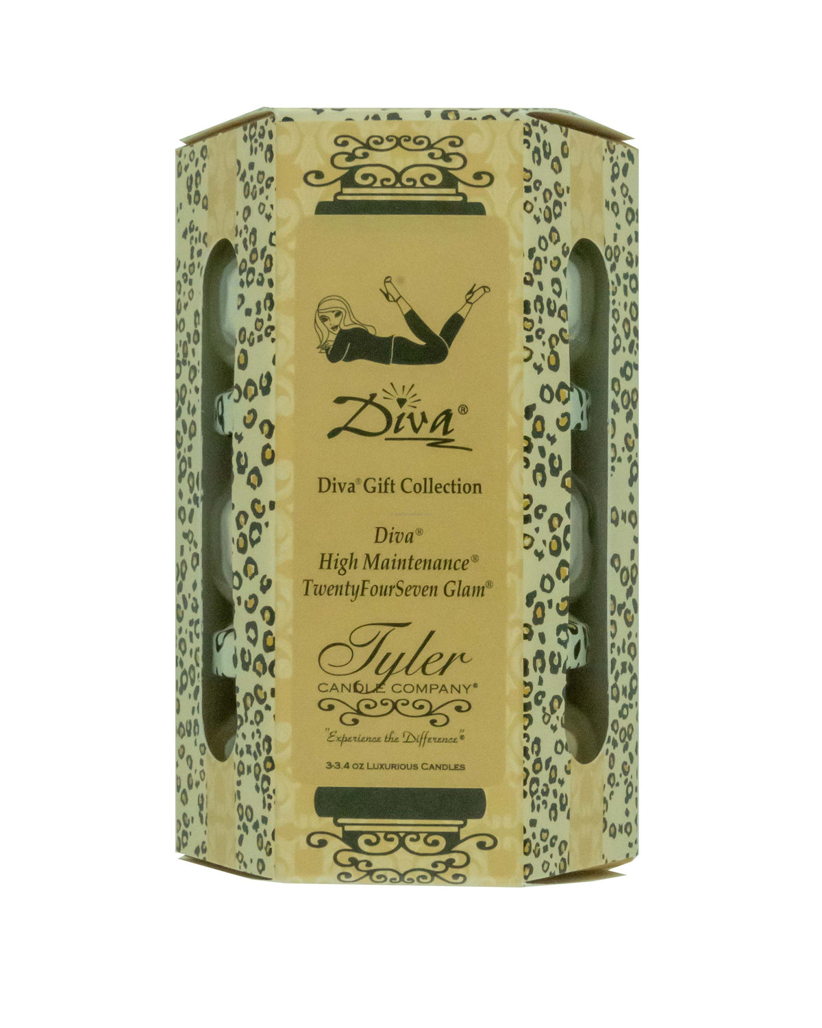 Tyler Candle Company Diva Gift Collection box containing three 3.4 oz candles in leopard print jars.