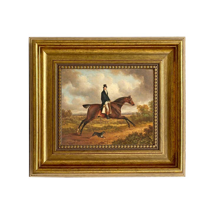 Down the Path Equestrian Fox Hunt Scene Painting Print in an ornate antiqued gold frame.