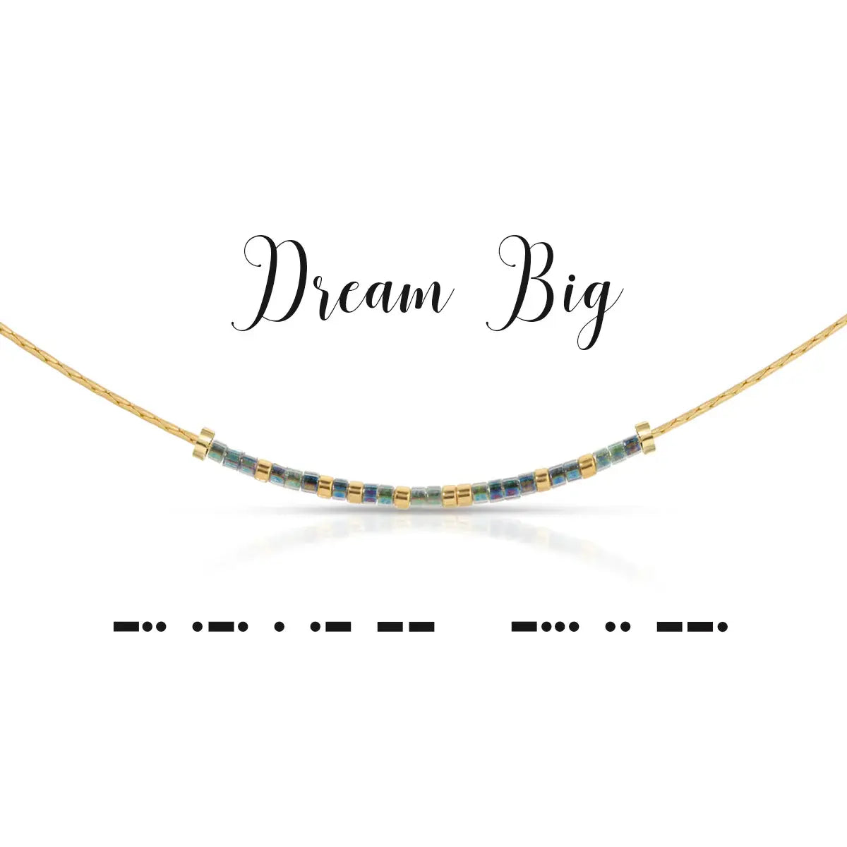 Silver-tone Morse code necklace with 'Dream Big' pendant on a 16.5-inch chain.