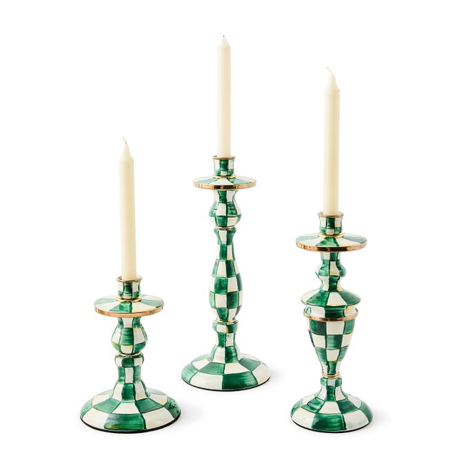 Emerald green hand-painted check candlestick with brass accents on heavy-gauge enameled steel.