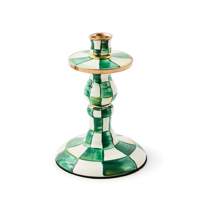 Small emerald green checkered enameled steel candlestick with bronzed stainless rim and brass accents.