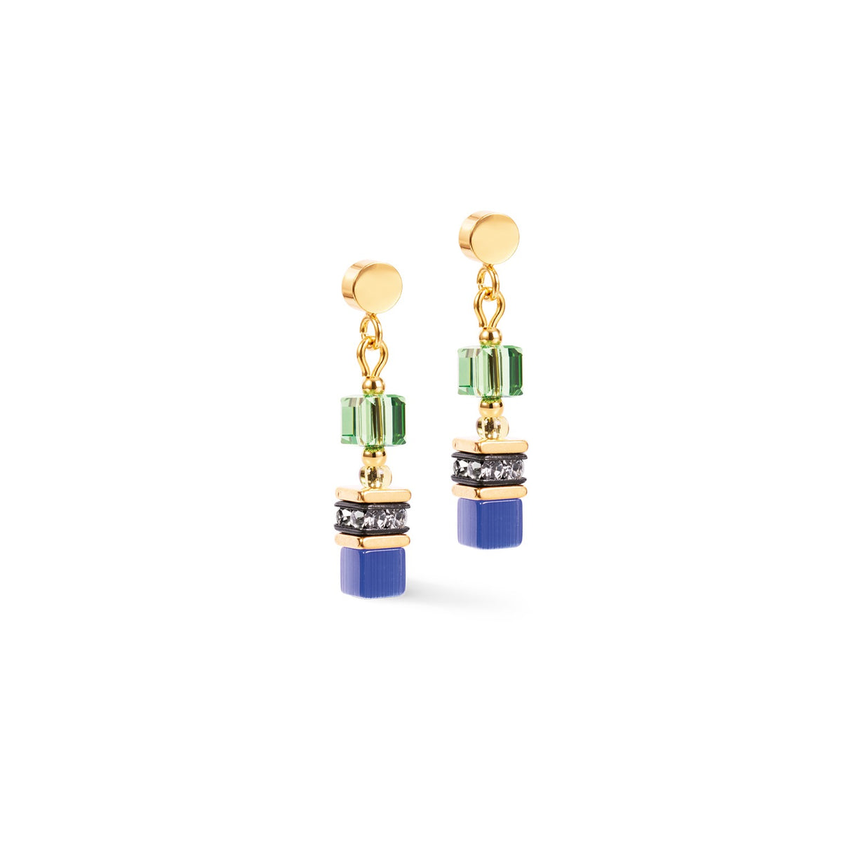 Earrings Mini Cubes Multicolor Rainbow Gold featuring green, blue, and crystal cubes on gold studs.