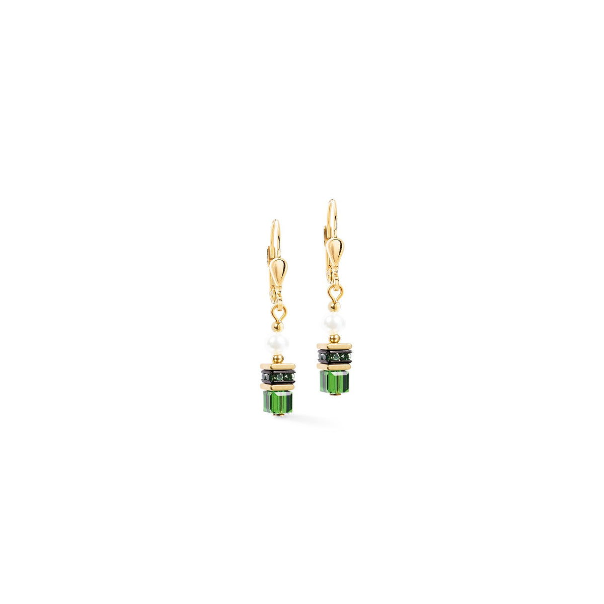 Gold-plated leverback earrings with white pearls and emerald green Swarovski crystal cubes.