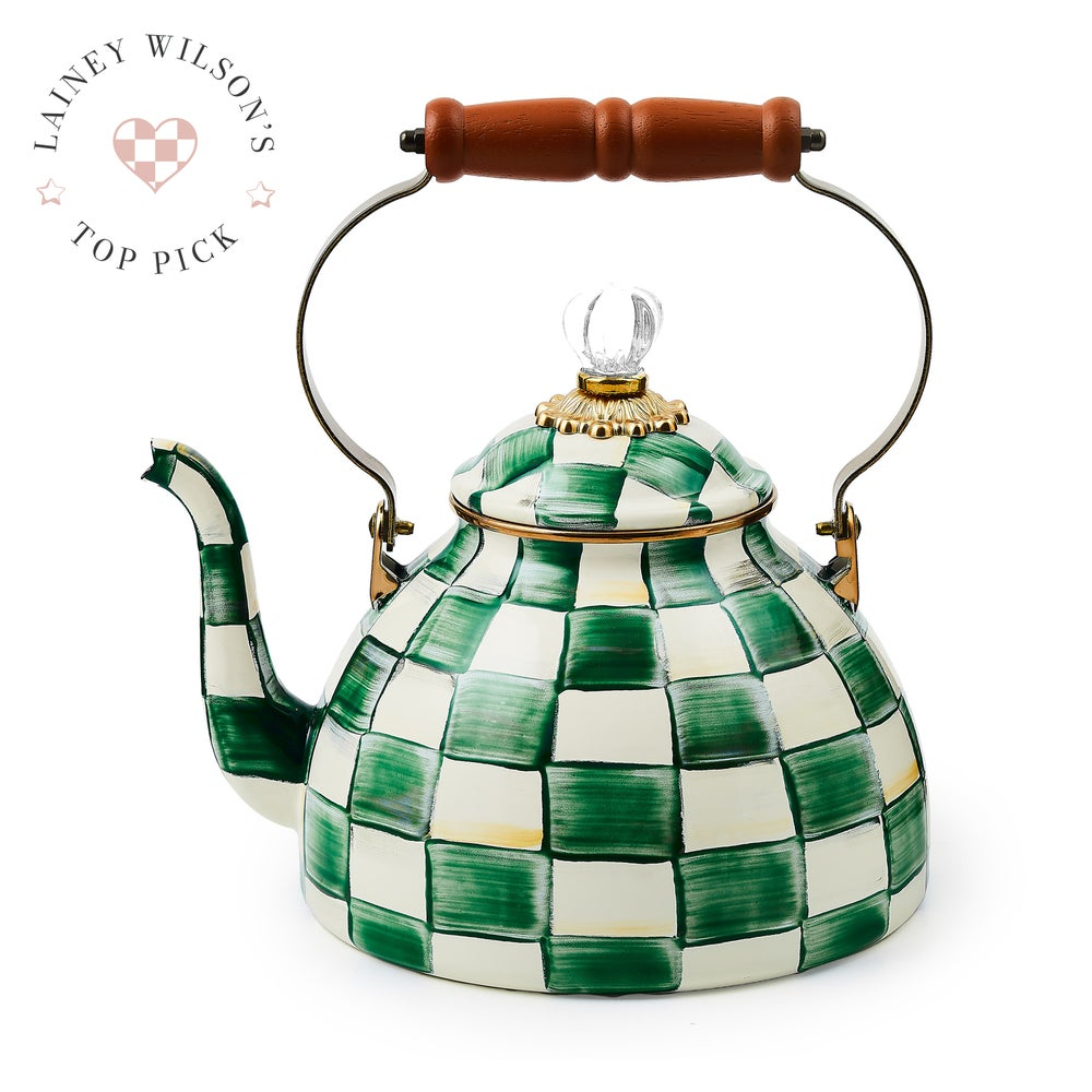 Emerald Check 3 Quart Tea Kettle with hand-painted green checks, wood handle, and glass knob.