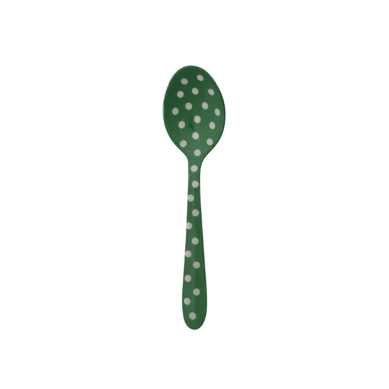 Green enameled stainless steel spoon with white polka dots.