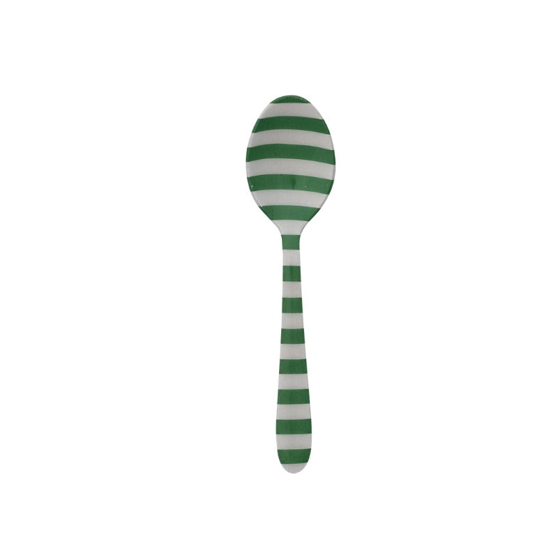 Enameled stainless steel spoon with green and white horizontal stripes.