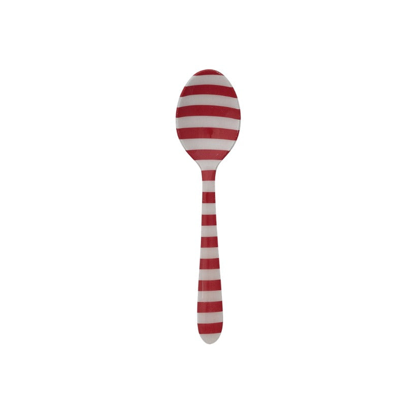 Enameled stainless steel spoon with a red and white horizontal stripe pattern.
