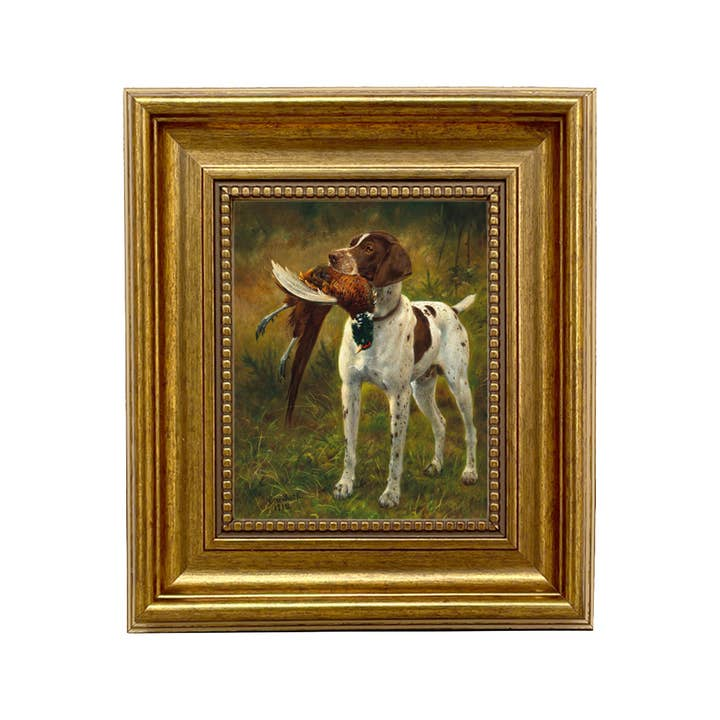 English Pointer with Pheasant vintage canvas print in a classic gold frame.