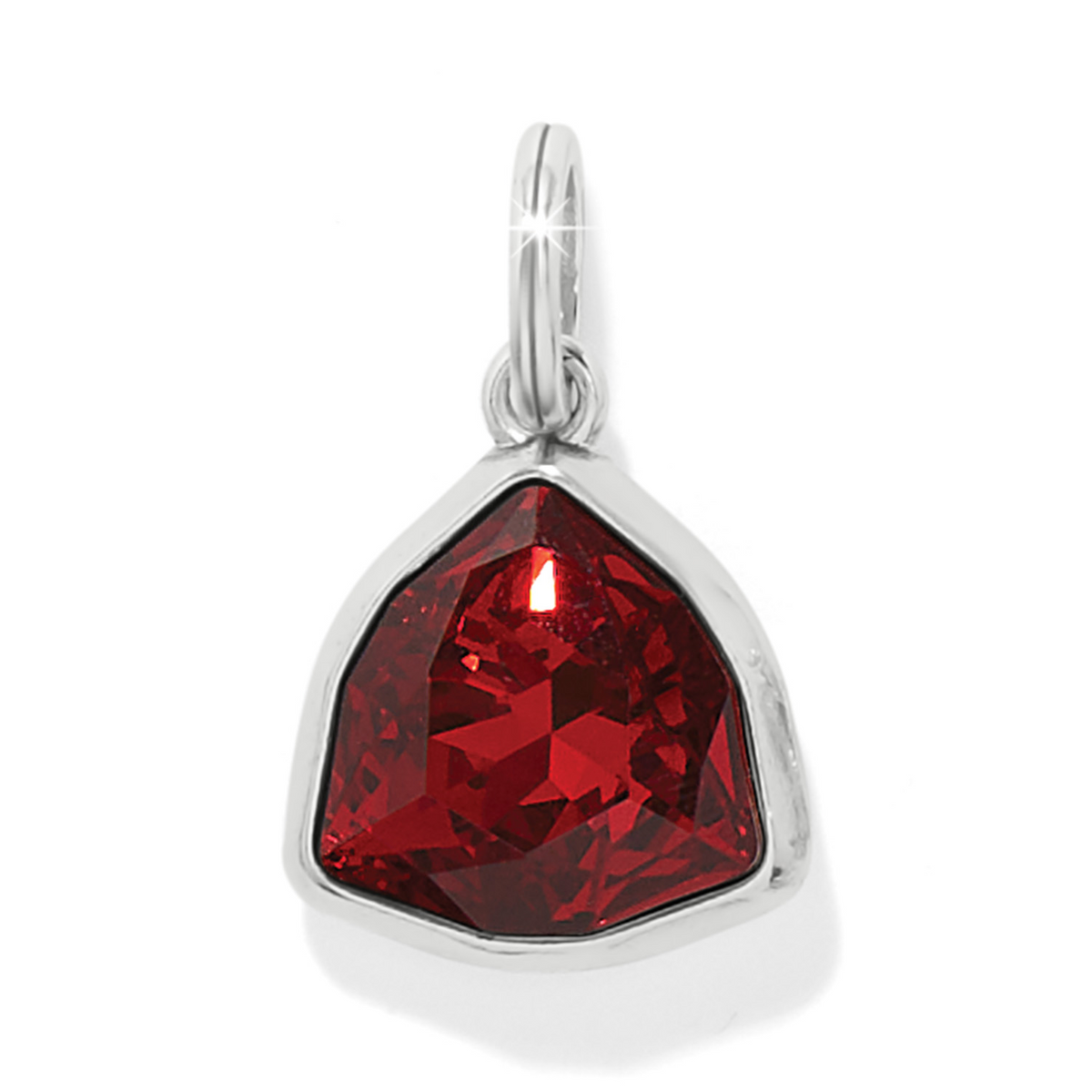 Estella Amulet featuring a scarlet red trillion-cut crystal in a silver-plated setting.