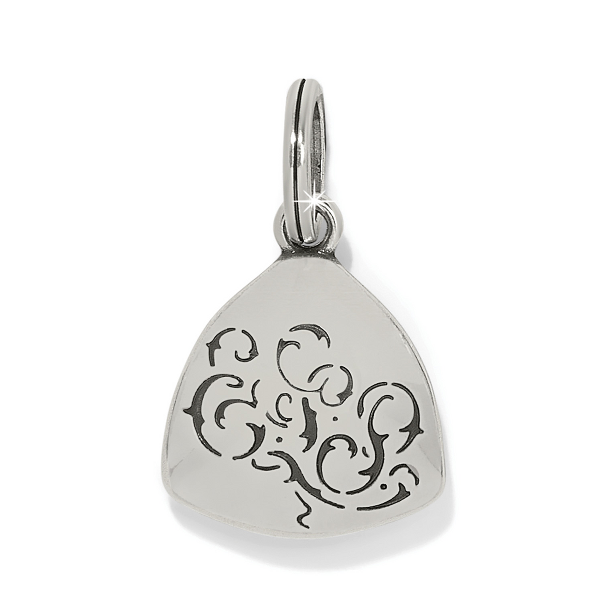 Silver-plated Estella Amulet token with an engraved scroll pattern and a top bail.