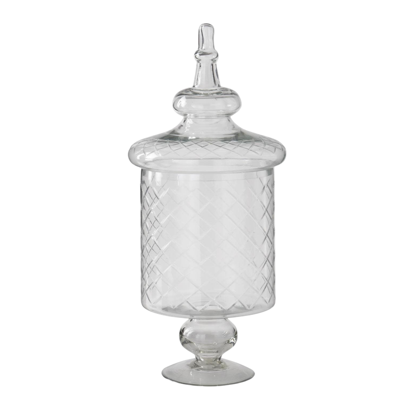 Etched clear glass lidded apothecary jar with a diamond pattern and pedestal base.