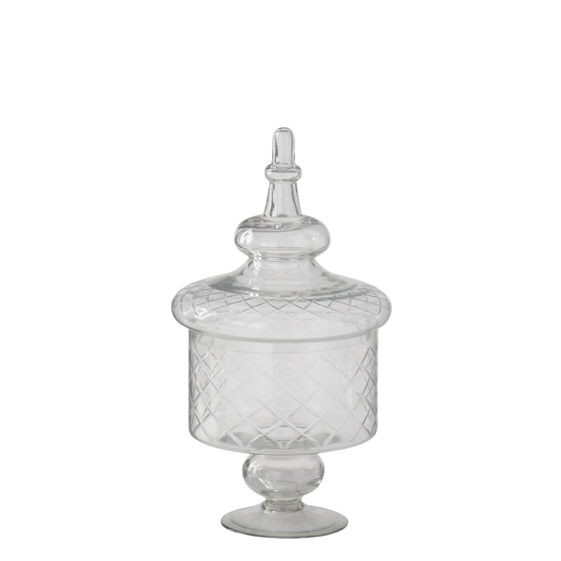 Etched clear glass lidded apothecary jar with a diamond pattern and pedestal base.