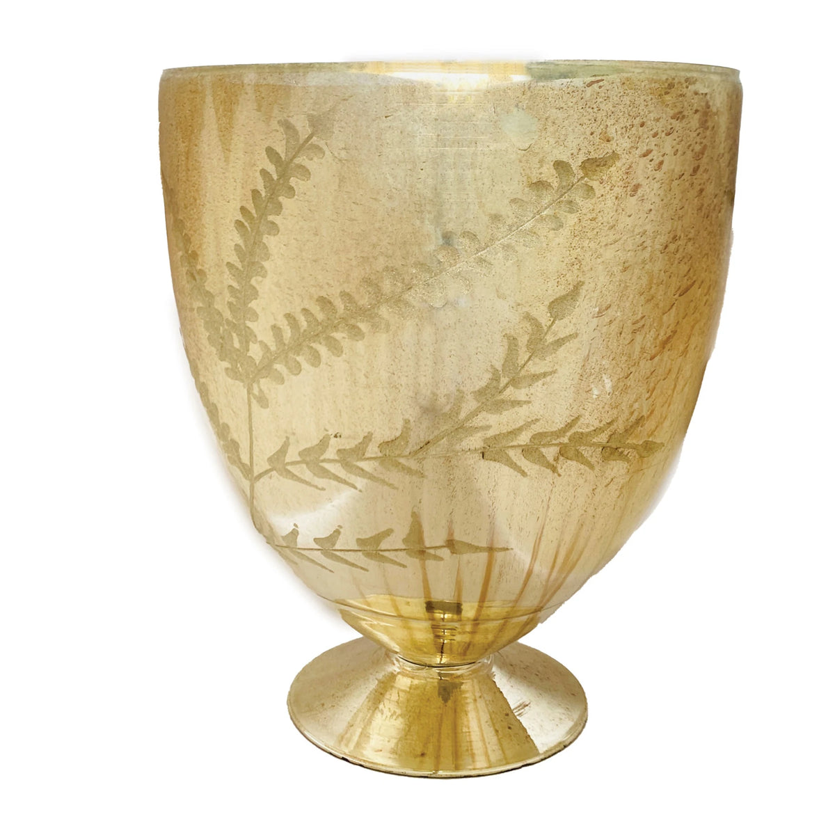 Etched mercury glass footed vase with an antique silver finish and fern leaf patterns.