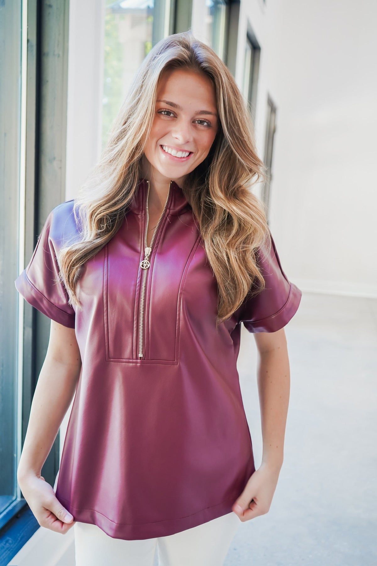 Dolce Cabo style 235 faux leather zip top in Burgundy
