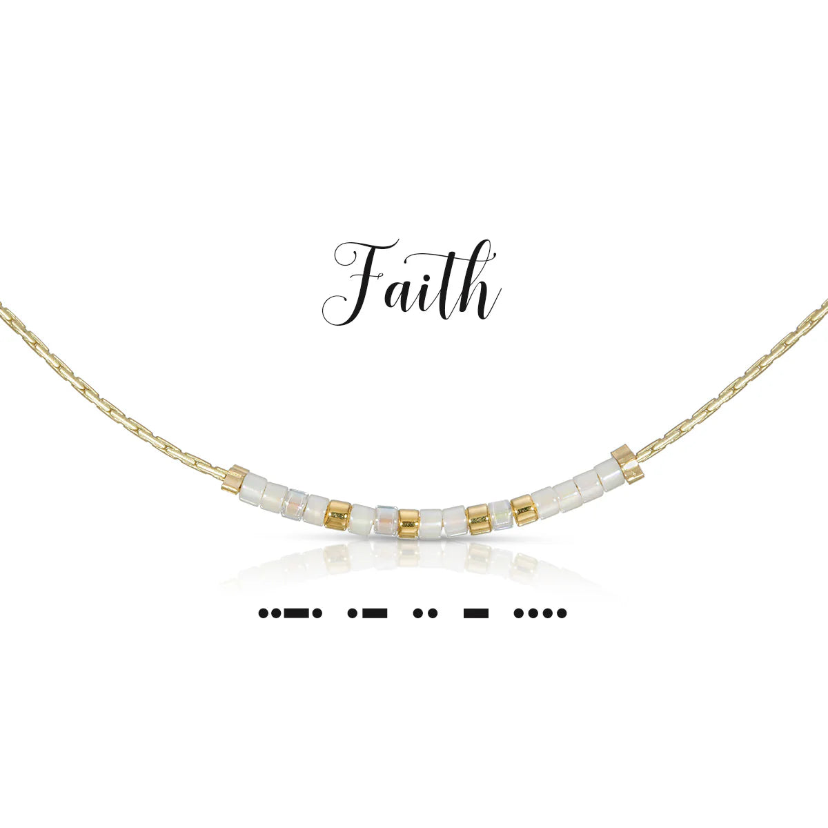 Faith necklace with iridescent pearl and cream gold beads in a Morse code pattern