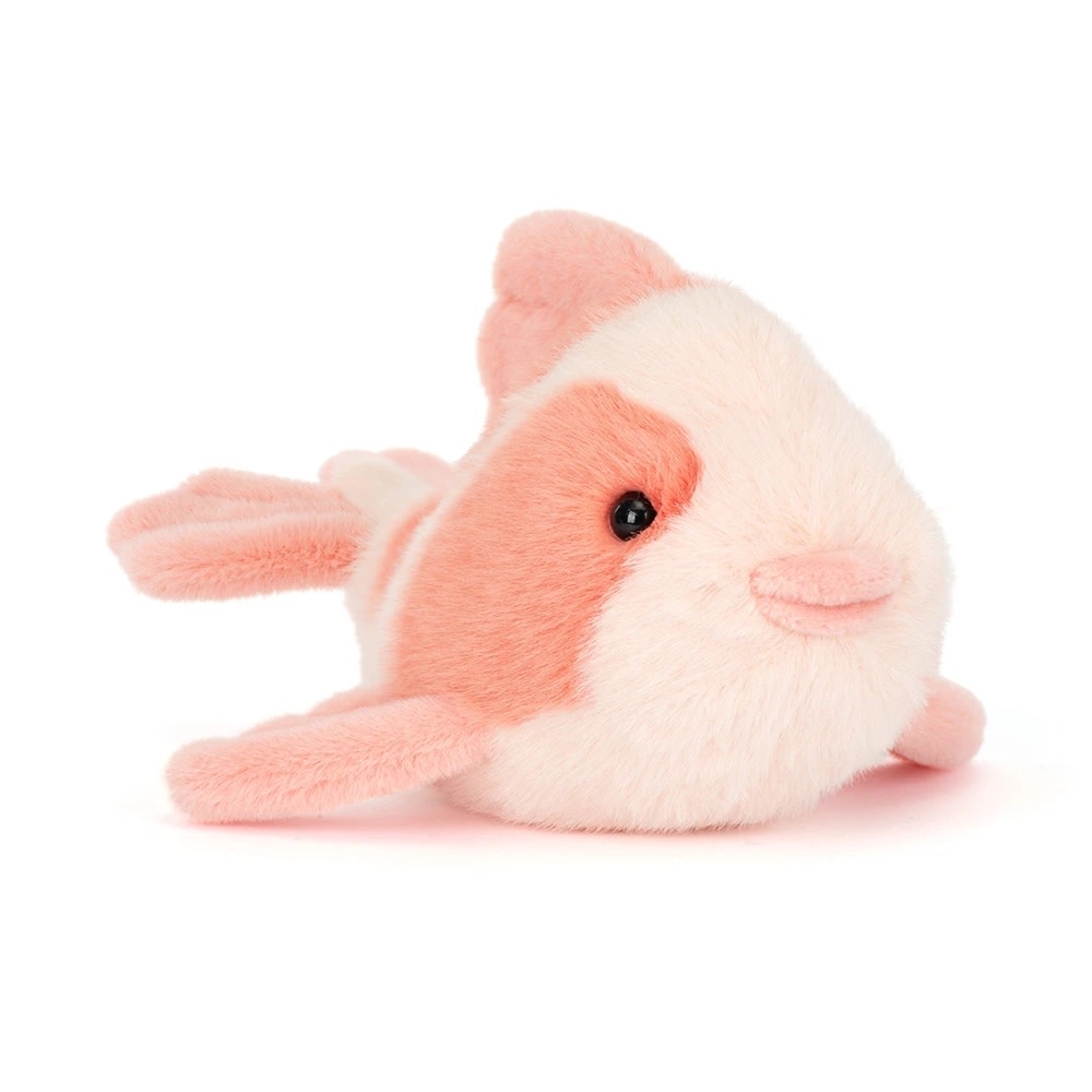 Plush pink and cream Jellycat Fancy Carp with a soft fuzzy texture and small black eyes.