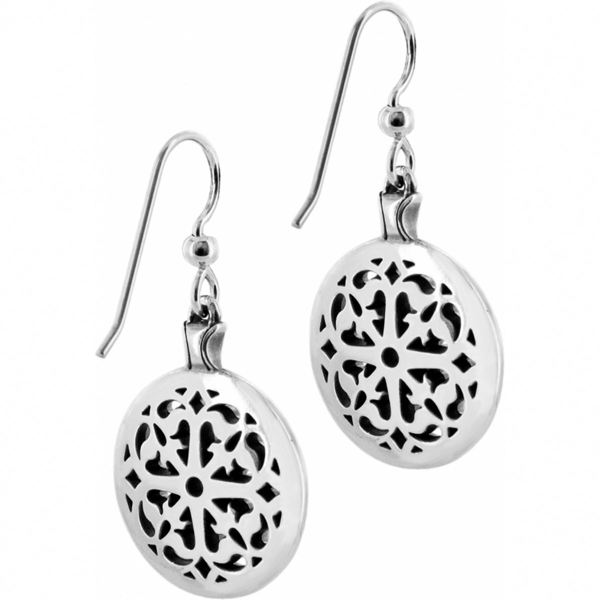 Ferrara French Wire Earrings in silver with a pierced arabesque pattern.