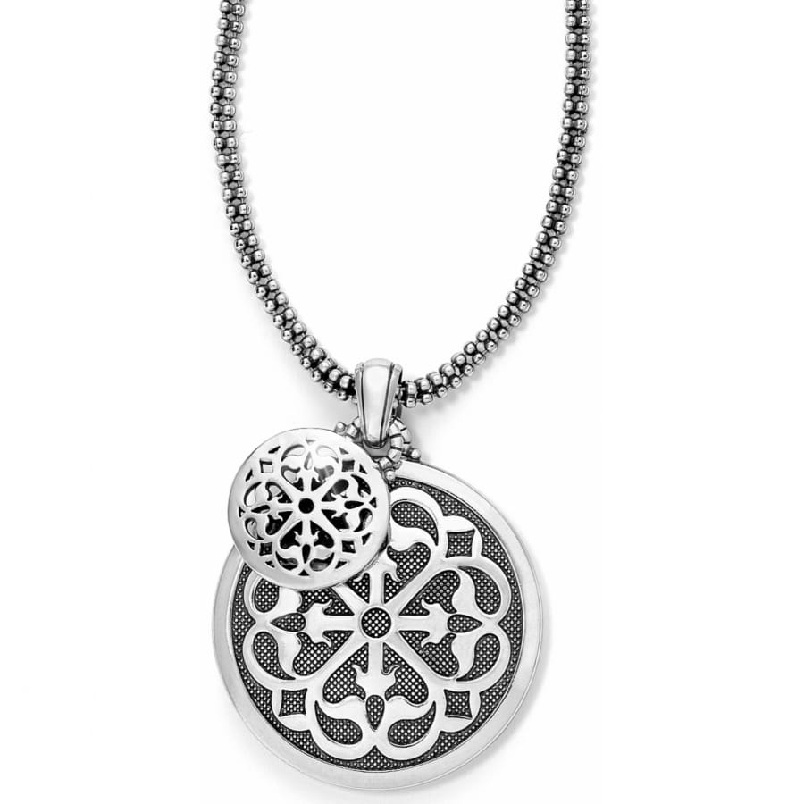 Brighton Ferrara Necklace with two silver-plated arabesque patterned disc pendants on a bead chain.