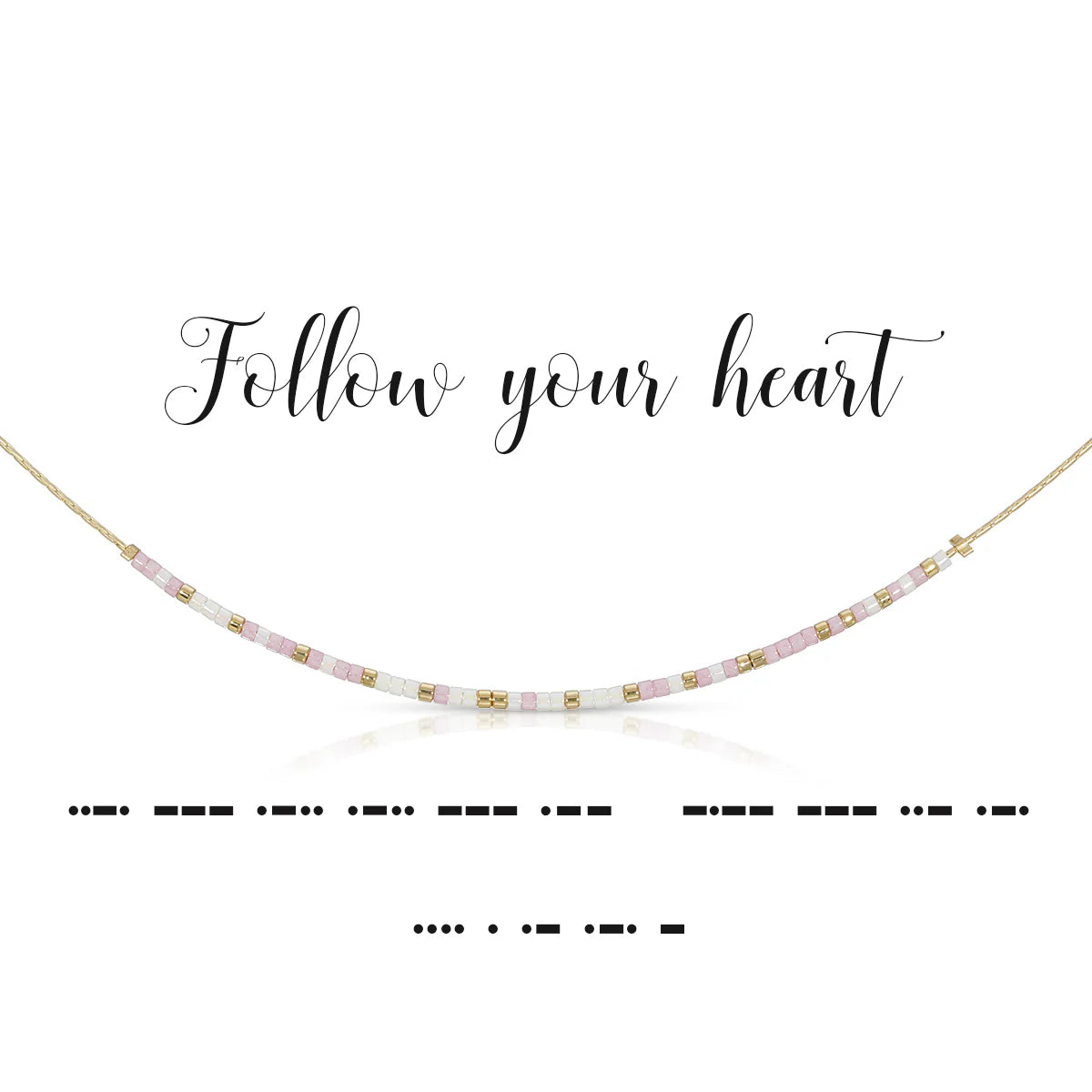 Rose gold chain necklace with iridescent pearl glass beads spelling Morse code message.