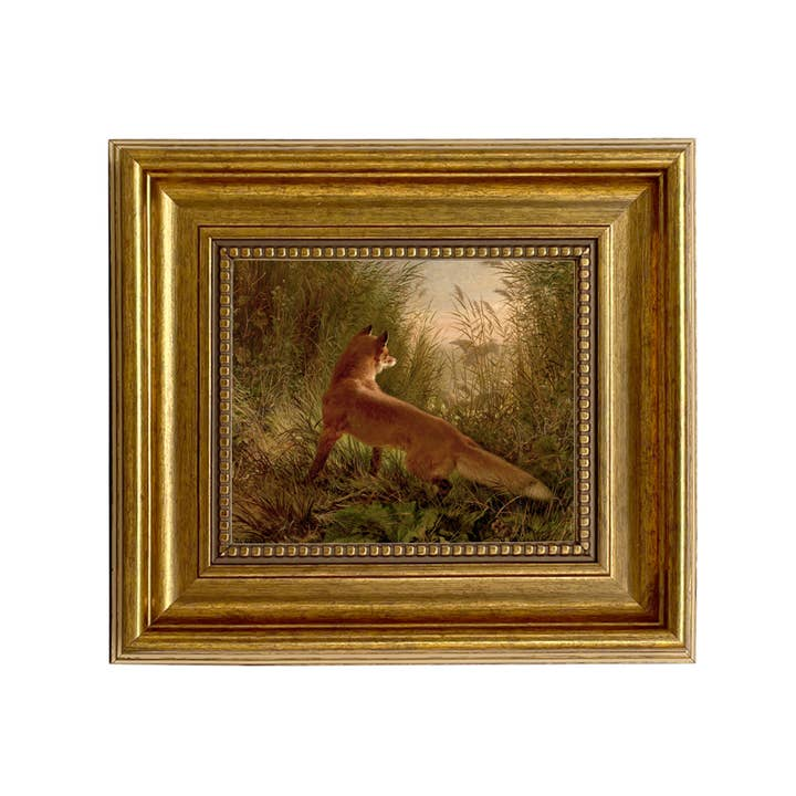 Fox Flushing Ducks vintage painting print by Siegwald Dahl in an ornate gold frame.
