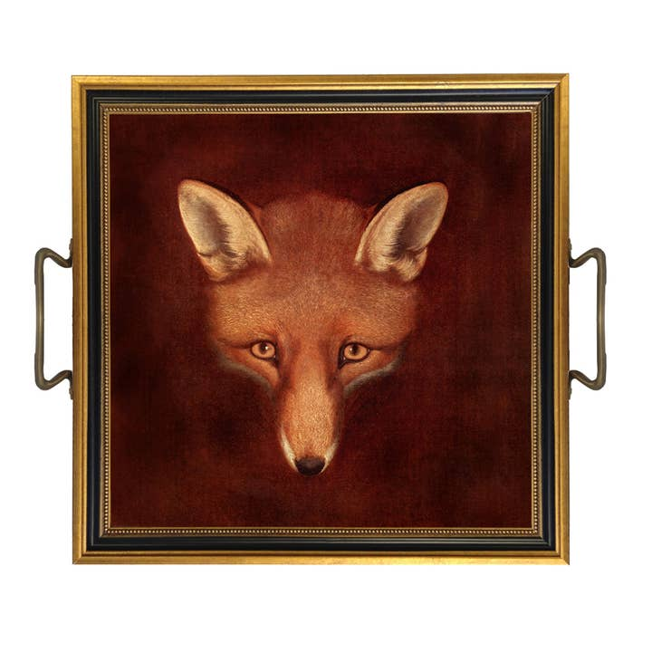 Square black and gold framed tray featuring a fox head print and two antique brass handles.