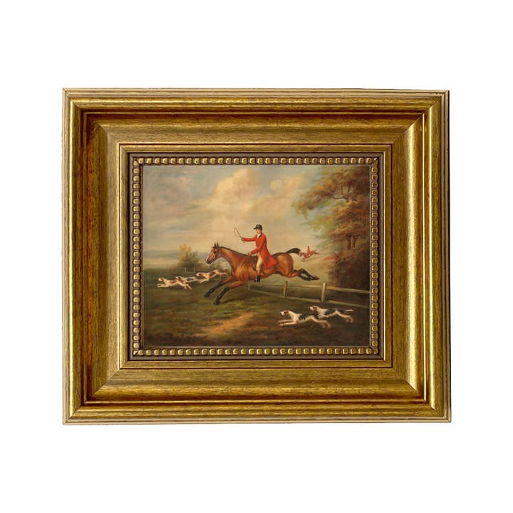Fox Hunting Scene by J.N. Sartorius framed painting print featuring a rider and hounds jumping.