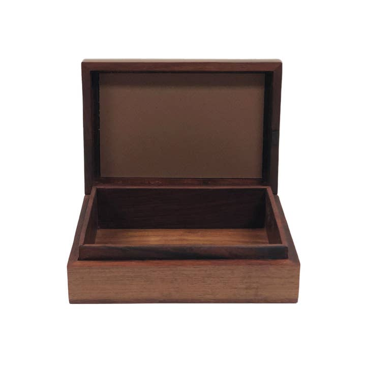 Open vintage-style rectangular wood trinket box with a dark brown stained interior.