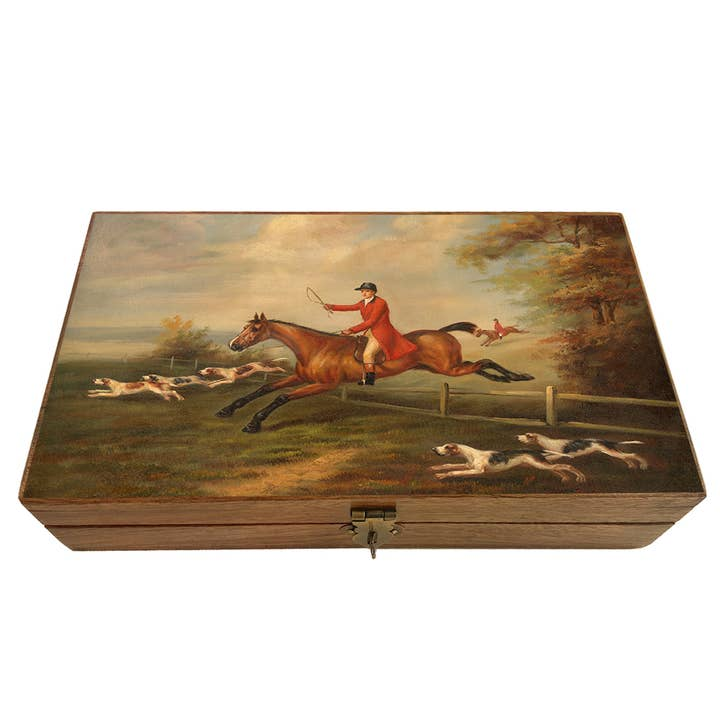 Vintage wood trinket box with a painted fox hunting scene on the lid featuring a horse and hounds.