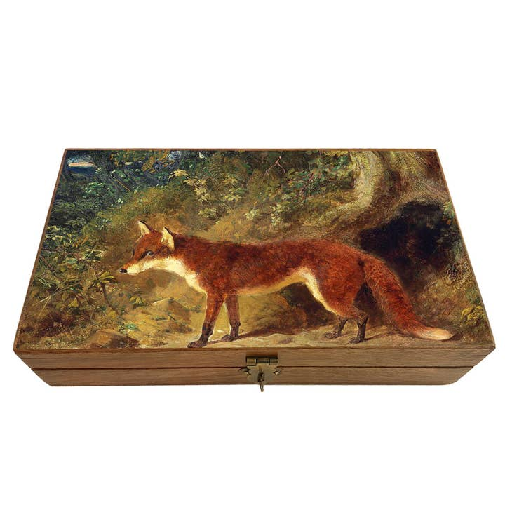 Vintage wood trinket box with a fox painting on the lid and an antique brass clasp.