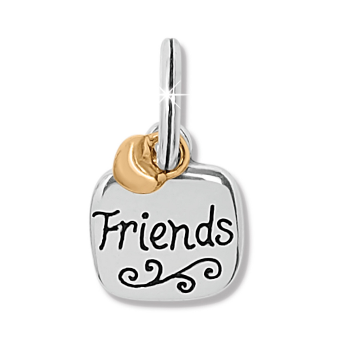 Two-tone silver and gold square charm with 'Friends' inscribed and a decorative scroll design.