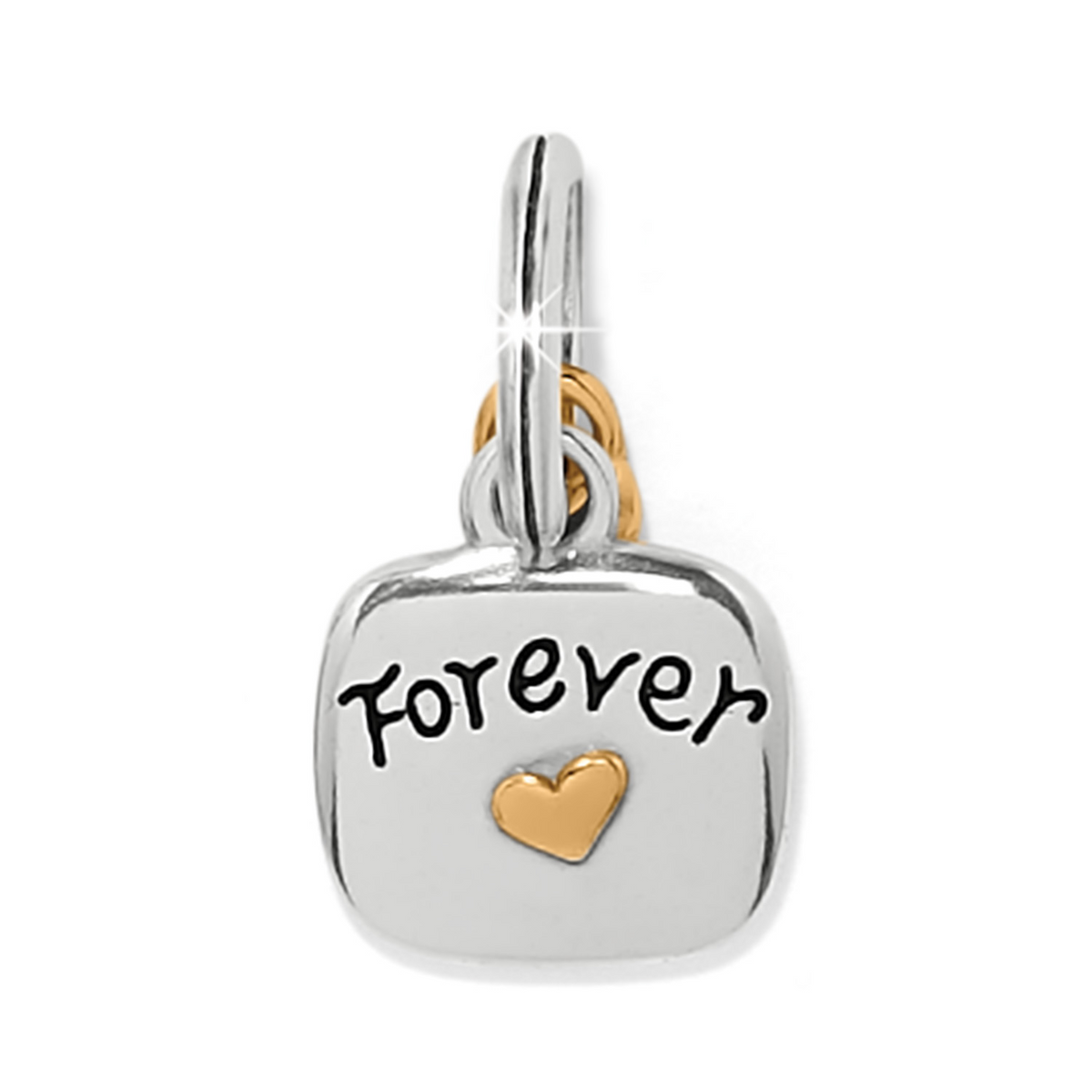 Two-tone silver and gold Friends Forever charm with a heart and hand-lettered inscription.